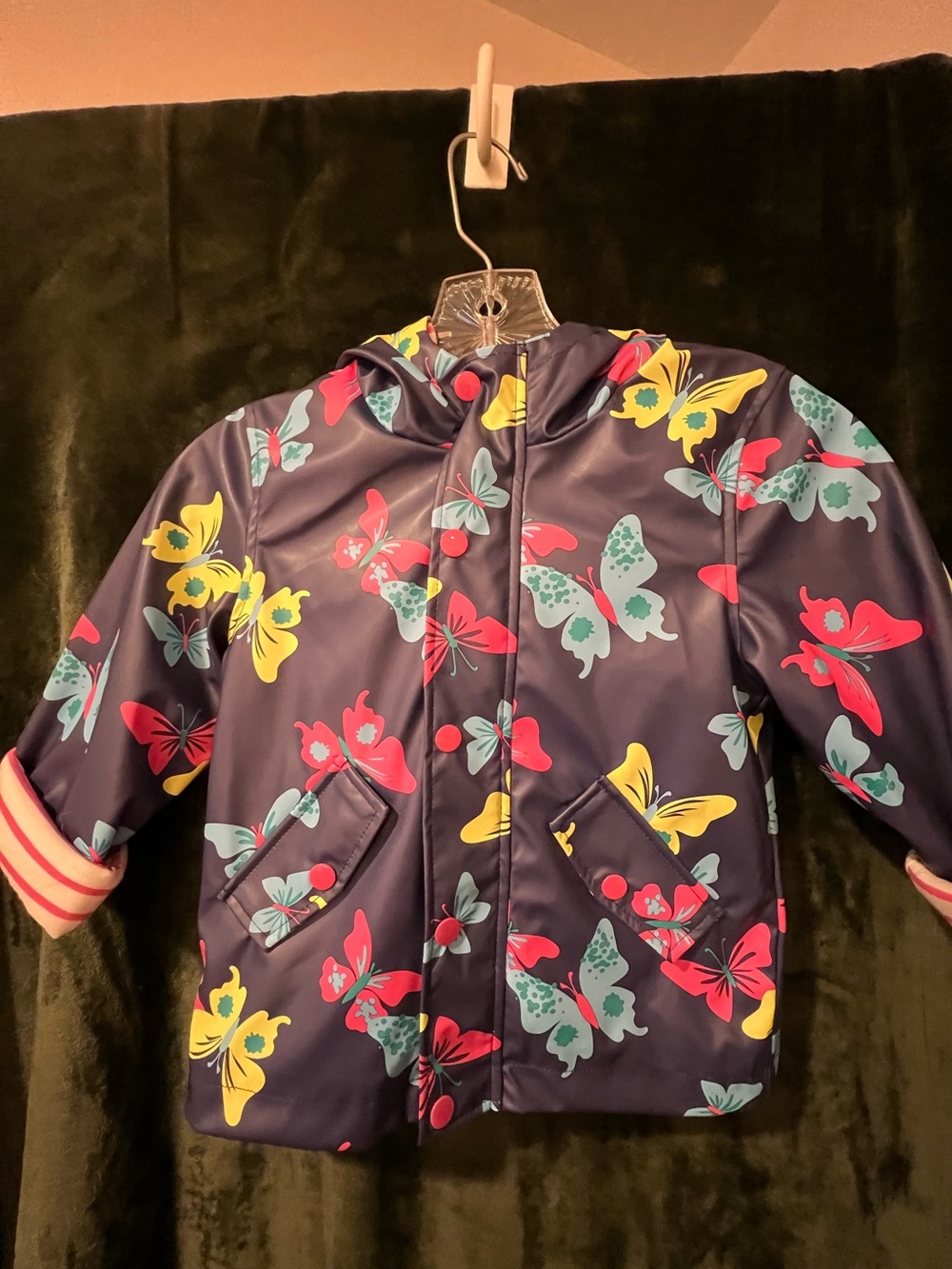 Kids Waterproof Butterfly Hooded Jacket - Navy..snap pockets-zipper-soft lining